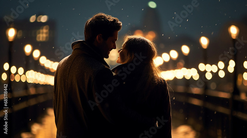 A couple sharing a moment on a bridge, city lights twinkling in the background, Valentine’s Day, happy couple, bokeh, love, with copy space