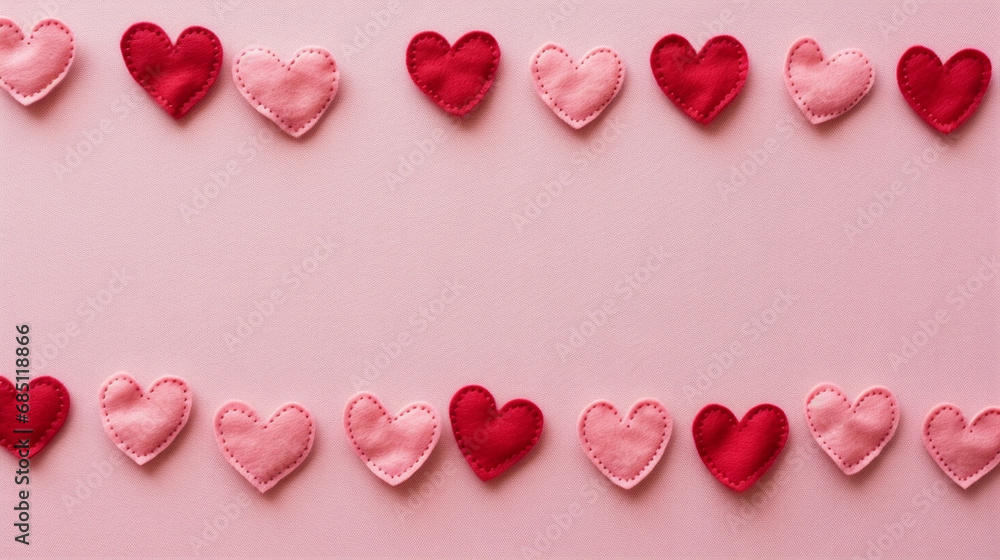 A pattern of stitched heart appliques on a textile background, Valentine’s Day, heart background, with copy space