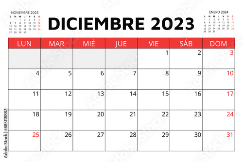 December 2023 spanish calendar. Vector illustration. Monthly planning in Spain