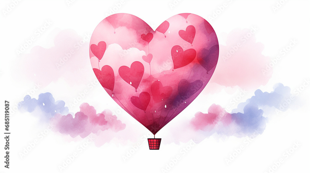 A hot air balloon shaped like a heart, Valentine’s Day, watercolor style, white background, with copy space