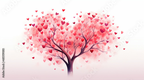 A love tree with heart-shaped leaves, Valentine’s Day, watercolor style, white background, with copy space