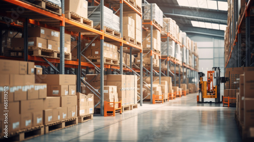 Retail warehouse full of shelves with goods in cartons, with pallets and forklifts. Logistics and transportation blurred background. Product distribution center.