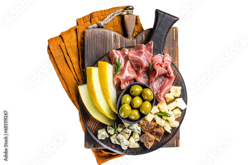 Italian appetizer platter, antipasti snack with Prosciutto ham, Parmesan, Blue cheese, Melon and Olives on wooden board.  Transparent background. Isolated. photo