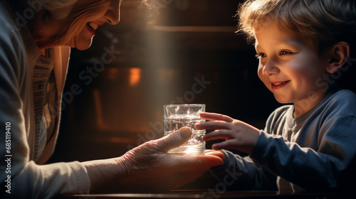 the child gives the grandmother a glass of water.Generative AI photo