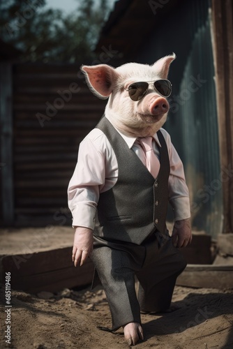 pig animal in the form of a man in a suit and sunglasses, a joke on the boss, director, bad leader, manager generative ai photo