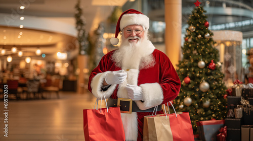 Santa Clause in a mall shopping for Christmas sale, decorated Christmas tree in the background 