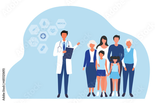 Family doctor health care concept, mother, father, children and older people visiting doctor to check their health vector illustration. Medical family health care concept