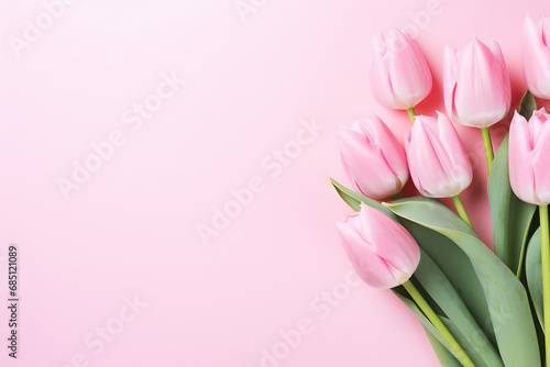Pink tulip flowers on side of pastel pink background with copy space #685121089