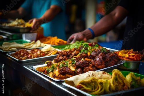 A vibrant street food scene featuring a vendor skillfully preparing Doubles, a popular Trinidadian delicacy, with an array of colorful toppings and sauces, served to eager customers © aicandy