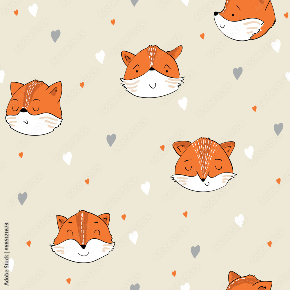 Vector hand drawn seamless pattern. Cute cartoon foxes.
