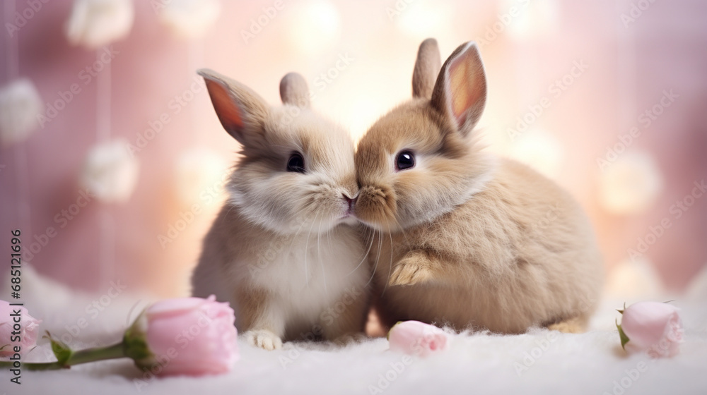 Fototapeta premium Two cute rabbits love. Friendship with the Easter Bunny. Happy rabbit.Generative AI