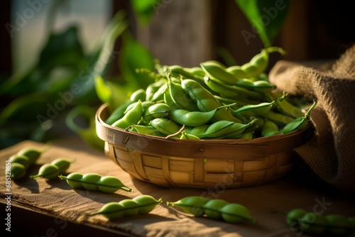 A close-up shot of freshly harvested fava beans, still in their pods, laid out on a rustic wooden table, with a soft sunlight casting a warm glow