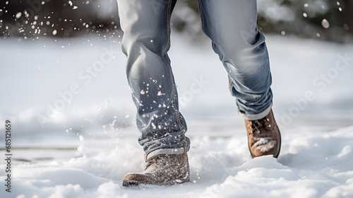 Person walking through snow wearing boots and jeans. Concept winter, cold, outdoors, nature. Posters, Magazines, Advertising, Travel, Promotion. photo