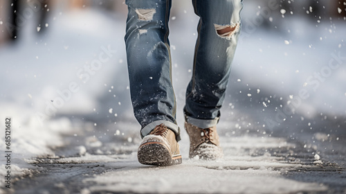 Person walking in snow with pair of jeans on and pair of brown boots, bottom view.