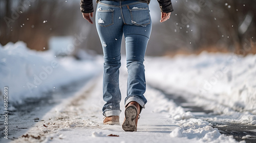 Woman walking down snow covered road in wintertime with her feet in snow. © Damian