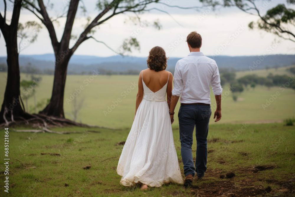 A couple in semi-formal attire walking hand-in-hand through a pastoral landscape.