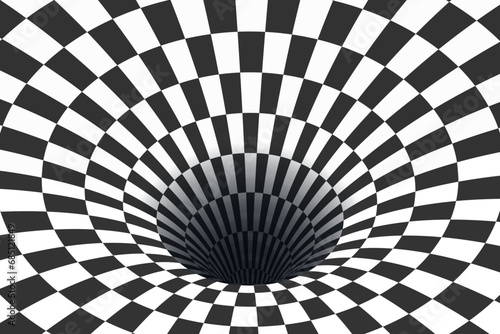 Surreal Checkered Tunnel Optical Illusion. Nostalgic Background in Trendy Style. Vector Illustration.