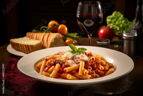 A delectable plate of freshly cooked rigatoni pasta, bathed in rich tomato sauce and sprinkled with parmesan cheese, served with a side of crusty garlic bread and a glass of red wine