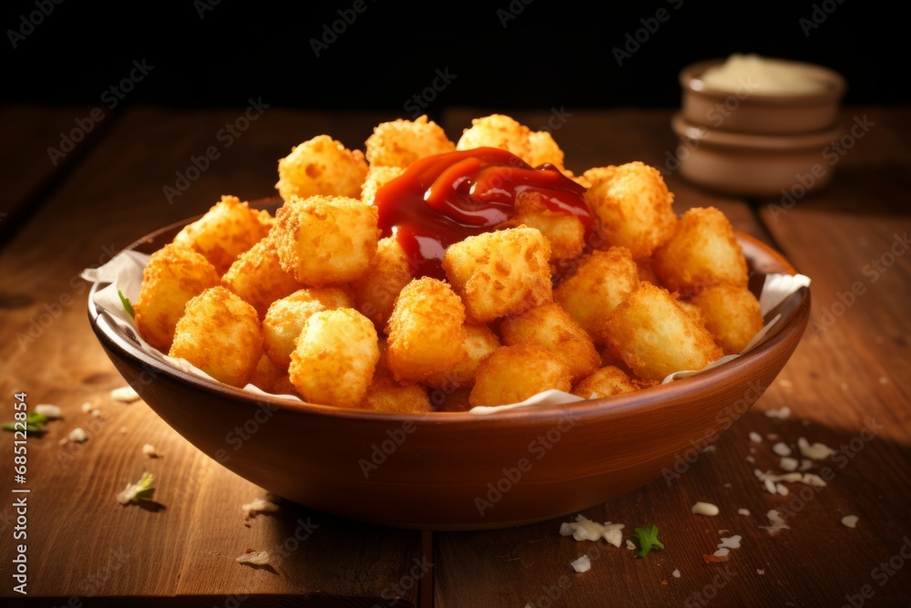 A scrumptious pile of golden-brown tater tots sprinkled with sea salt and served in a rustic wooden bowl on a vintage wooden table, with a side of tangy ketchup for dipping A scrumptious pile of golden-brown tater tots sprinkled with sea salt and served in a rustic wooden bowl on a vintage wooden table, with a side of tangy ketchup for dipping
