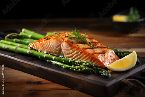 grilled salmon fillet with asparagus and lemon