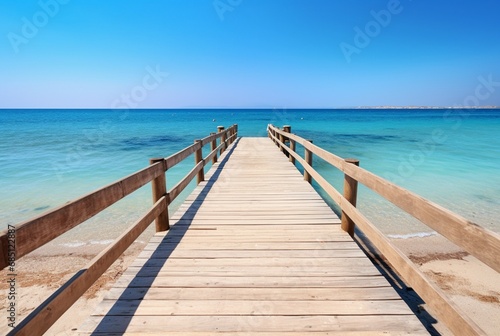 wooden bridge over the beach with calm and clean water. generative ai © LivroomStudio