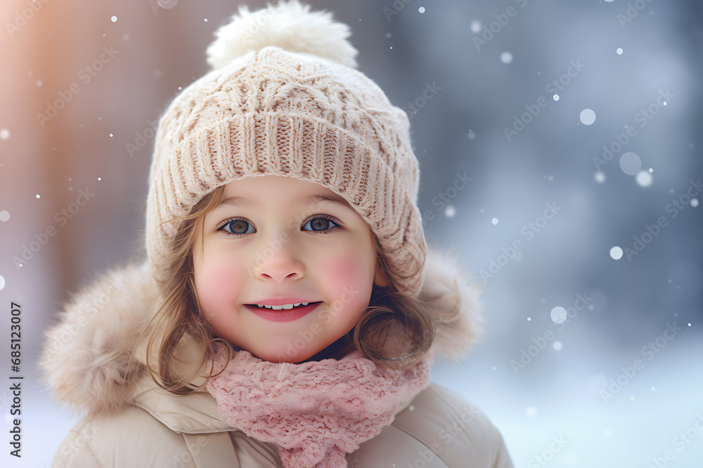 portrait of a child in a knitted hat and jacket on background of winter nature portrait of a child in a knitted hat and jacket on background of winter nature