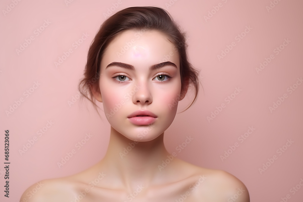 Fototapeta premium portrait of a beautiful young woman with natural makeup and eyebrows, perfect and healthy facial skin, cosmetology and skin care concept
