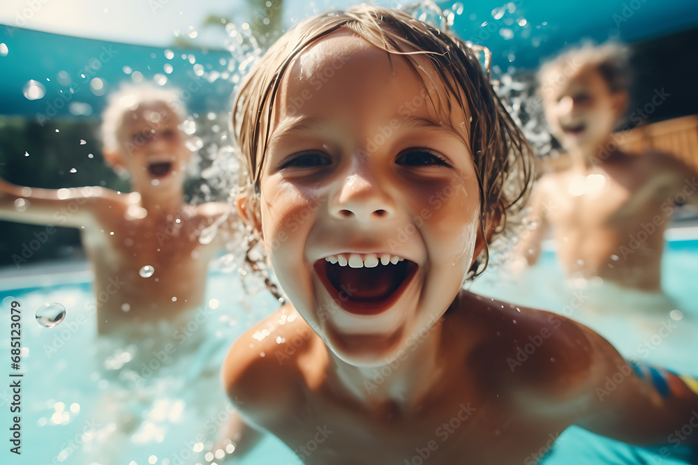 group of happy children swimming in the pool at the resort on a summer sunny day, active recreation and sports games outdoors lifestyle