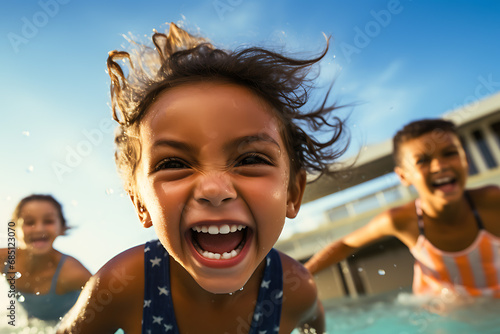 group of happy children swimming in the pool at the resort on a summer sunny day, active recreation and sports games outdoors lifestyle