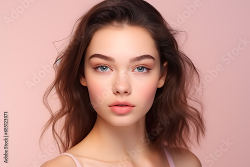 portrait of a beautiful young woman with natural makeup and eyebrows, perfect and healthy facial skin, cosmetology and skin care concept