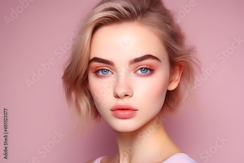 portrait of a beautiful young woman with natural makeup and eyebrows, perfect and healthy facial skin, cosmetology and skin care concept
