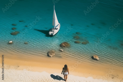 top view of a young girl on the turquoise sea and sandy beach and boat
