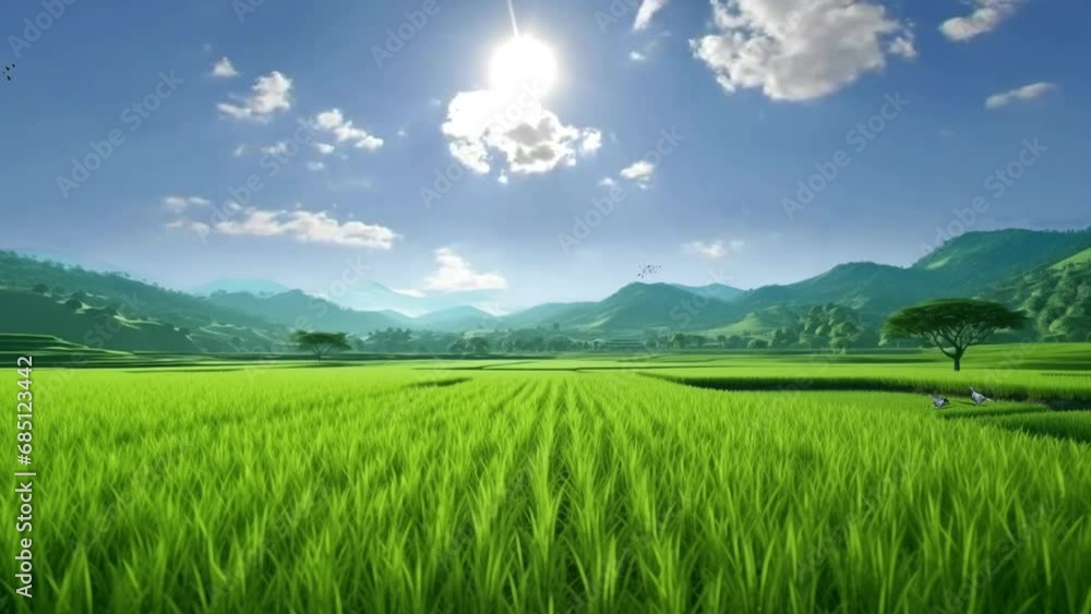 Beautiful rice field view animation landscape background. Seamless looping 4K time-lapse virtual illustration video animation Beautiful rice field view animation landscape background. Seamless looping 4K time-lapse virtual illustration video animation