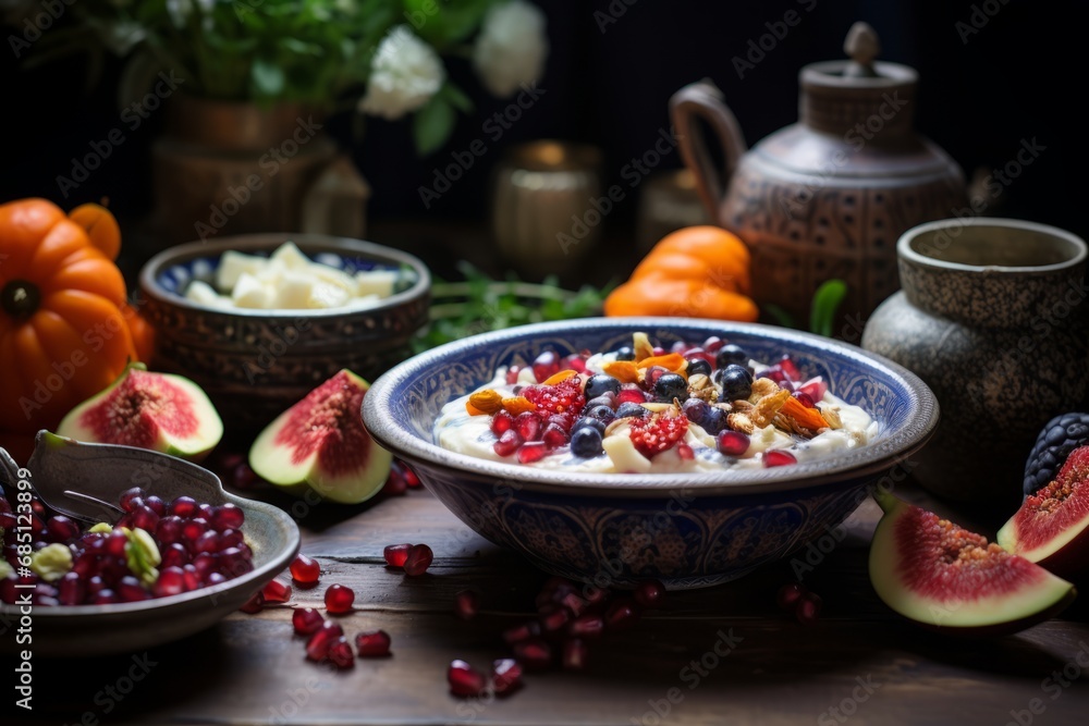 A traditional Armenian dish known as Matzoon, displayed in a rustic ceramic bowl on a wooden table, surrounded by fresh fruits and herbs for a refreshing summer meal