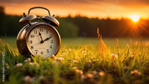 alarm clock in green field at morning sunrise background