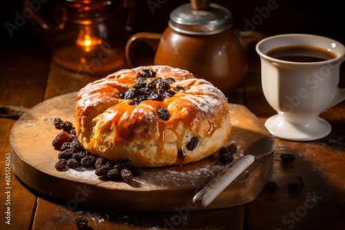 A traditional British Eccles cake, freshly baked and dusted with sugar, served on a rustic wooden table with a cup of hot tea and a vintage silver spoon photo