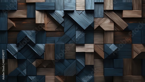 an abstract black and white geometric wall, in the style of dark blue, isometric, thx sound, dark gray and dark brown, textured surface