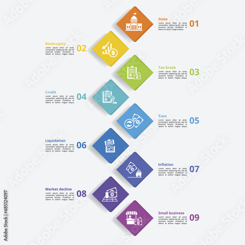 Infographics with Crisis theme icons, 10 steps. Such as state, bankruptcy, tax break, credit and more.