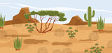 Dessert landscape with sand, sky and plants flat style, vector illustration