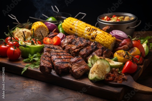 A vibrant and mouth-watering display of barbecue food  featuring juicy grilled steaks  succulent chicken skewers  charred corn on the cob  and a colorful array of fresh vegetables