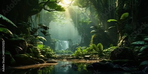 sunlight going through a lush jungle  in the style of photorealistic representation  hazy atmospheres