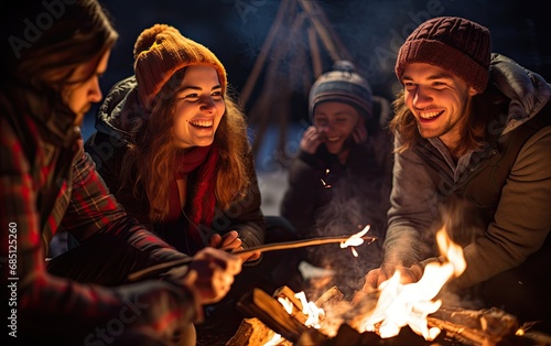 A group of friends roasting marshmallows over a bonfire at a winter campsite, during the night, with the glow of the flames illuminating their faces