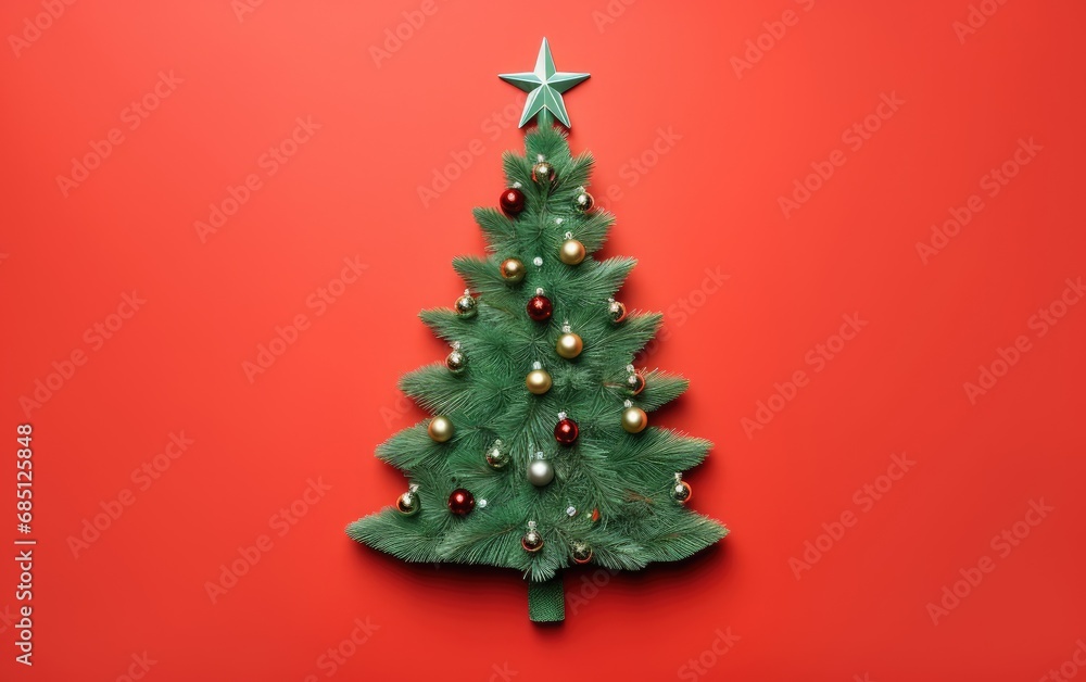 A cute decorated Christmas tree in a flat lay with an overhead shot on a red background A cute decorated Christmas tree in a flat lay with an overhead shot on a red background
