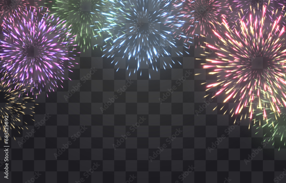 Festive fireworks with brightly shining sparks. New Year's Eve fireworks. Realistic sparks and explosions. Colorful pyrotechnics show. Vector isolated on png background. - obrazy, fototapety, plakaty 