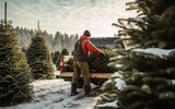 A person loading a freshly cut fir tree onto a pickup truck at a snowy tree farm