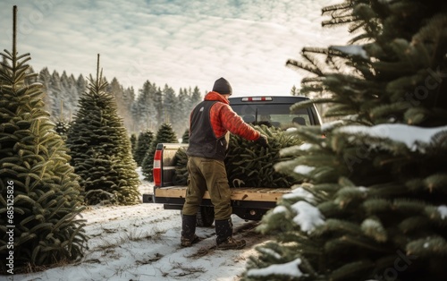 A person loading a freshly cut fir tree onto a pickup truck at a snowy tree farm photo