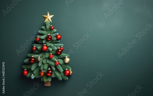 A cute decorated Christmas tree in a flat lay with an overhead shot on a green background