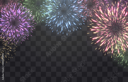 Festive fireworks with brightly shining sparks. New Year's Eve fireworks. Realistic sparks and explosions. Colorful pyrotechnics show. Vector isolated on png background.