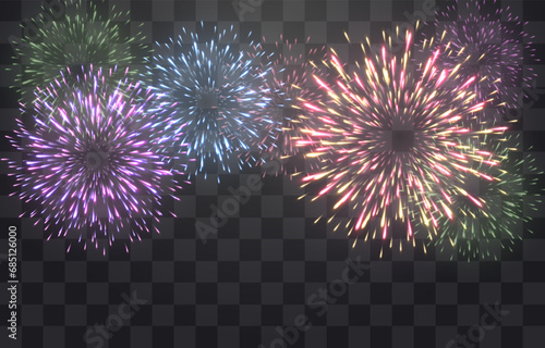 Festive fireworks with brightly shining sparks. New Year's Eve fireworks. Realistic sparks and explosions. Colorful pyrotechnics show. Vector isolated on png background.