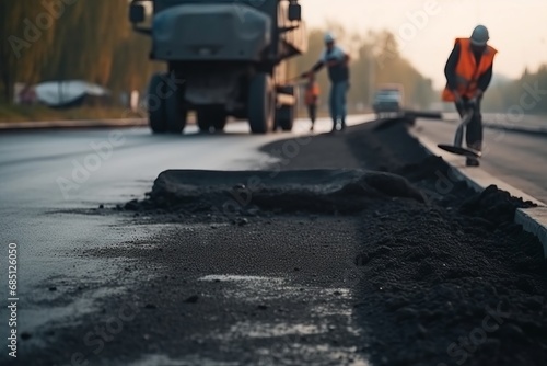 A team of road workers, equipped with machinery and tools, actively engaged in the process of repairing and repaving a road construction with fresh asphalt.